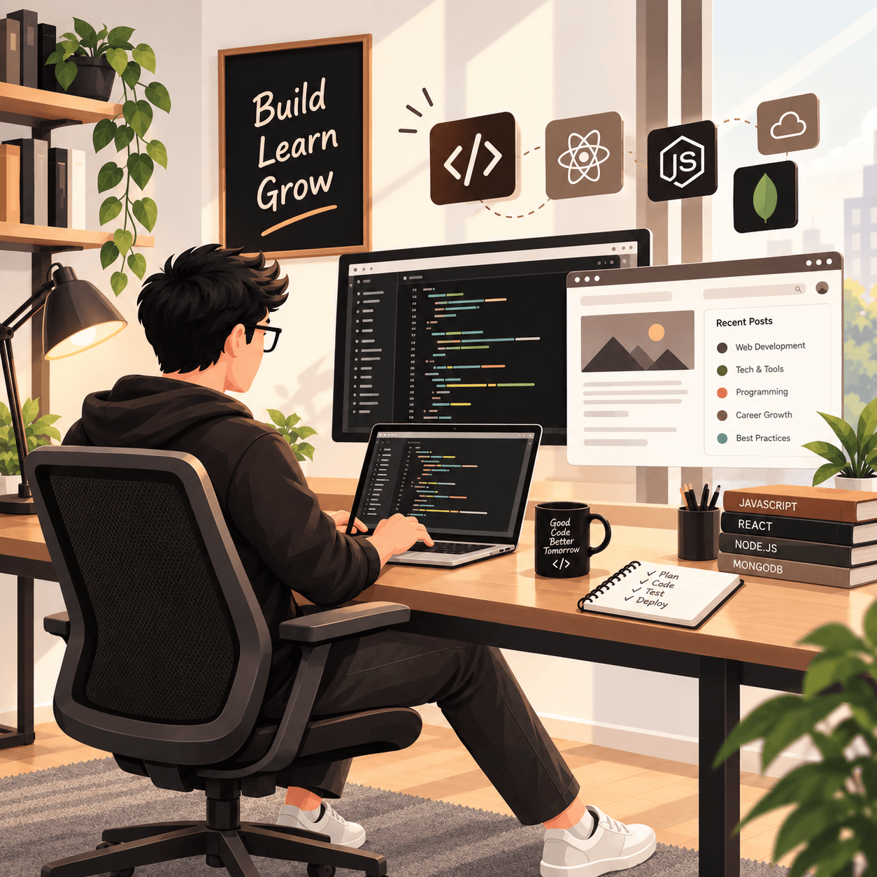 Illustration of a developer at a desk coding, surrounded by React, Node.js and cloud icons, with a 'Build Learn Grow' poster on the wall
